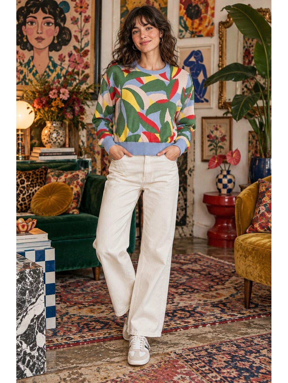 Polagram Crew Knit Sweater Womens Small Colorful Abstract Bold Maximalist